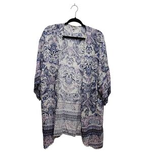 DR Dylan Ryan Purple Blue Floral Paisley Open Front Lace Trim Kimono Size L